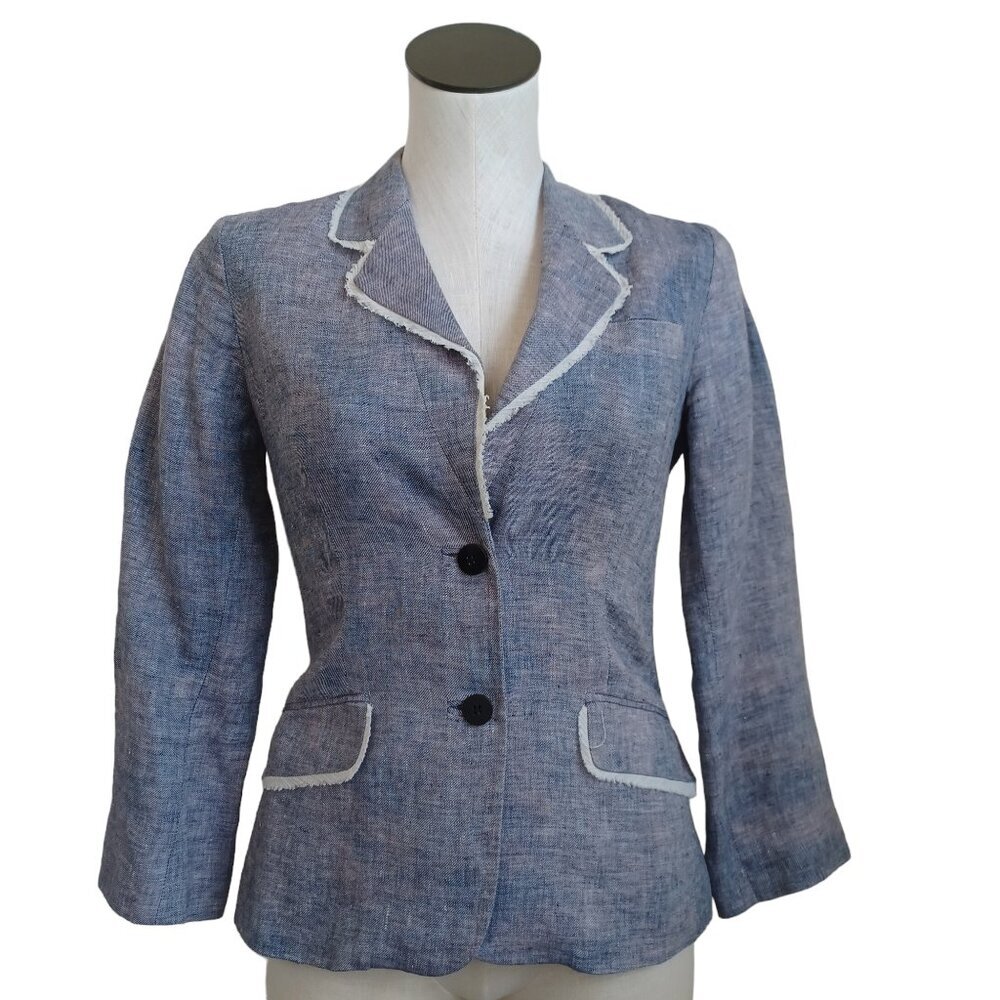 Elizabeth‎ and James Womens Blue Linen Blend Fringed Trim Blazer Jacket Size 2